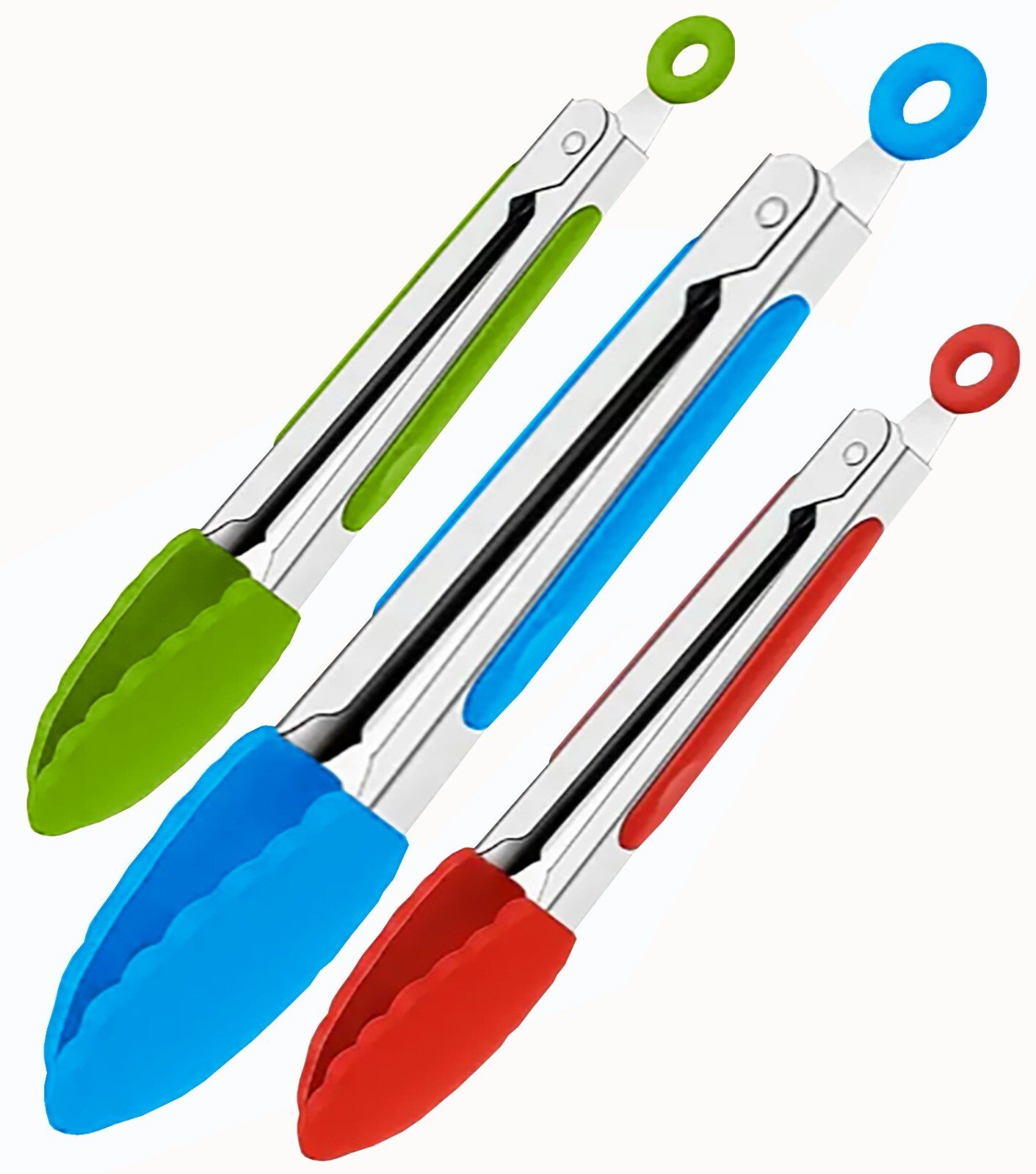 3 Silicone Kitchen Cooking Tong Salad Serving BBQ Stainless Steel Handle Utensil