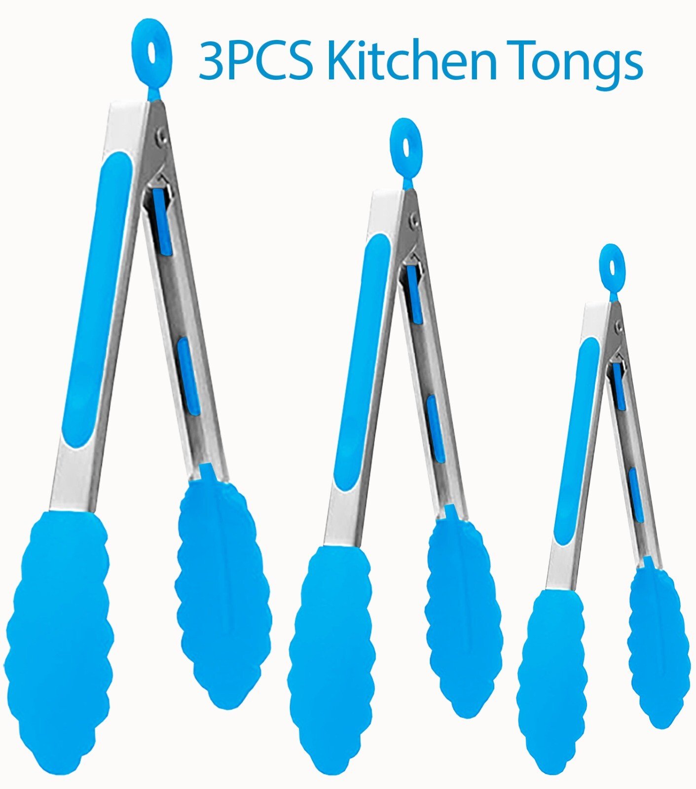 3 Silicone Kitchen Cooking Tong Salad Serving BBQ Stainless Steel Handle Utensil