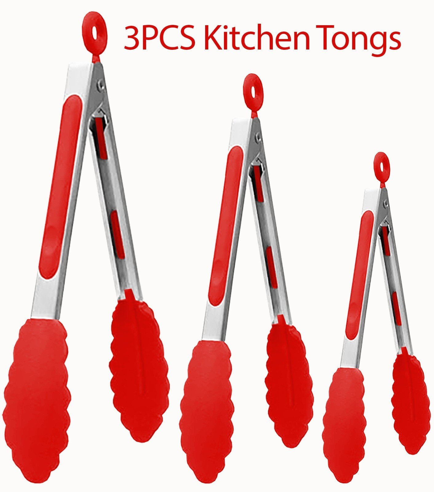 3 Silicone Kitchen Cooking Tong Salad Serving BBQ Stainless Steel Handle Utensil