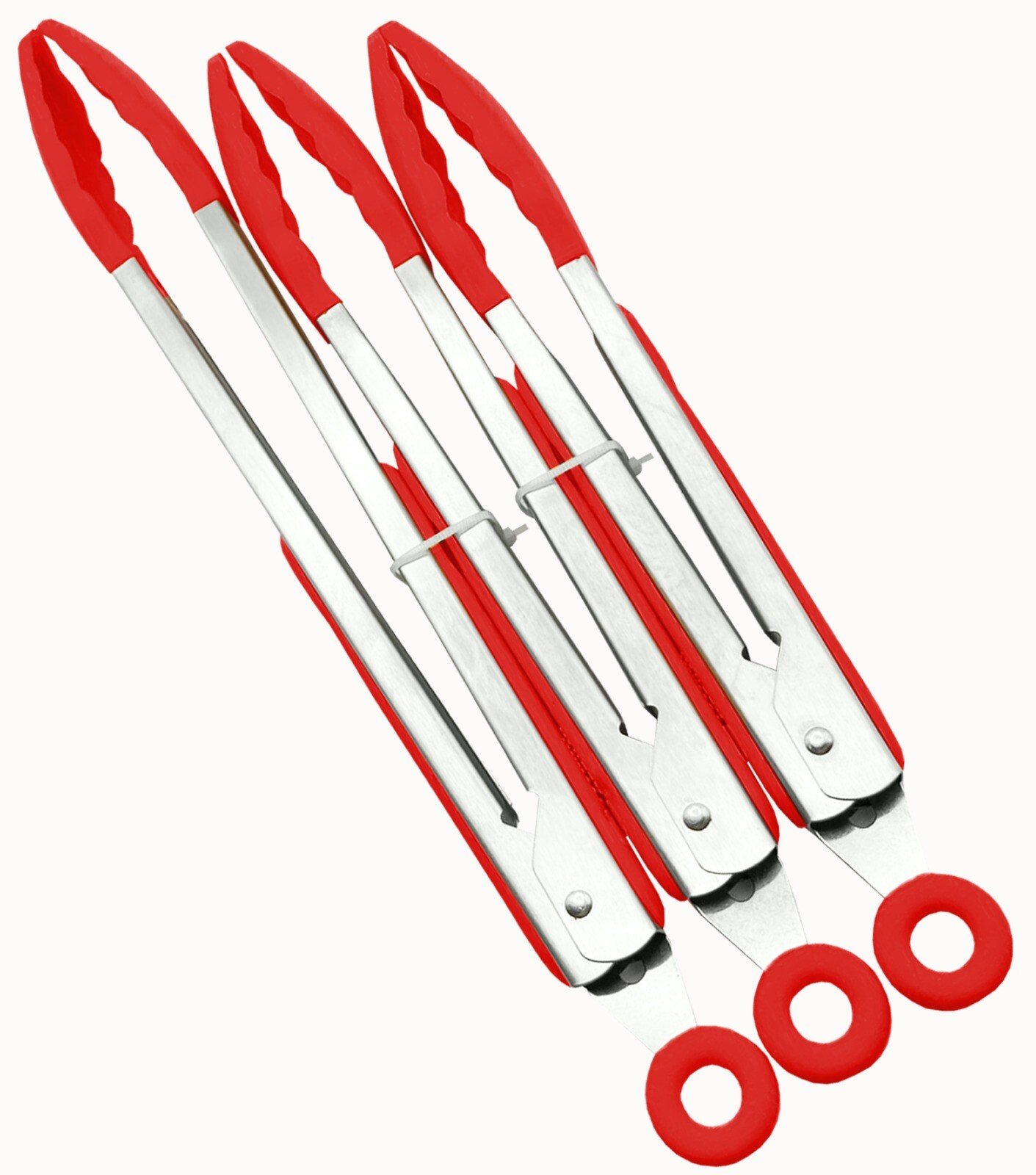 3 Silicone Kitchen Cooking Tong Salad Serving BBQ Stainless Steel Handle Utensil