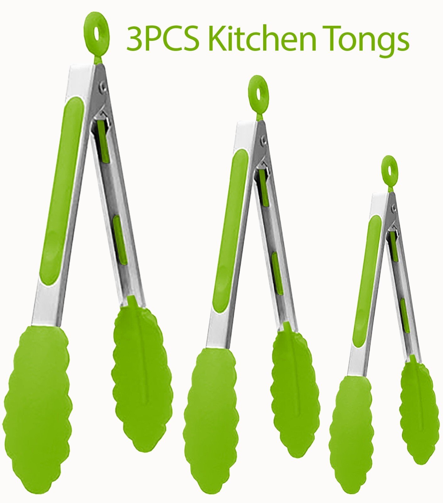 3 Silicone Kitchen Cooking Tong Salad Serving BBQ Stainless Steel Handle Utensil