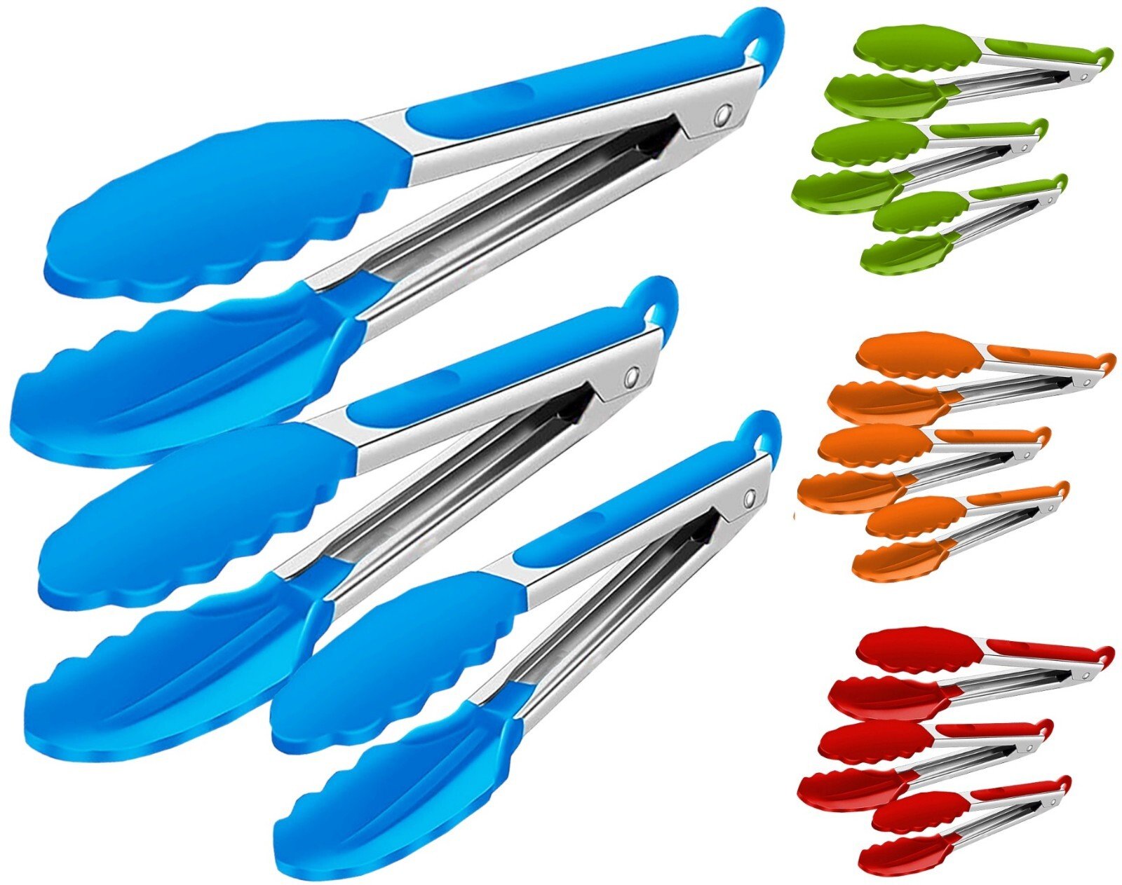 3 Silicone Kitchen Cooking Tong Salad Serving BBQ Stainless Steel Handle Utensil