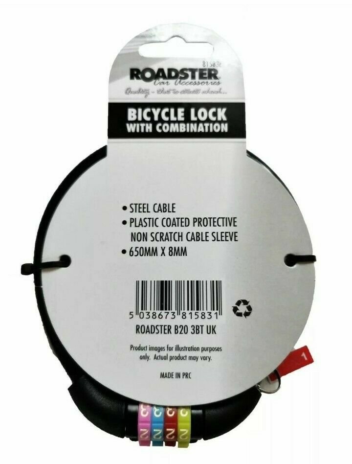 COMBINATION NUMBER CODE BIKE BICYCLE CYCLE LOCK 8MM BY 650MM STEEL CABLE BLACK.
