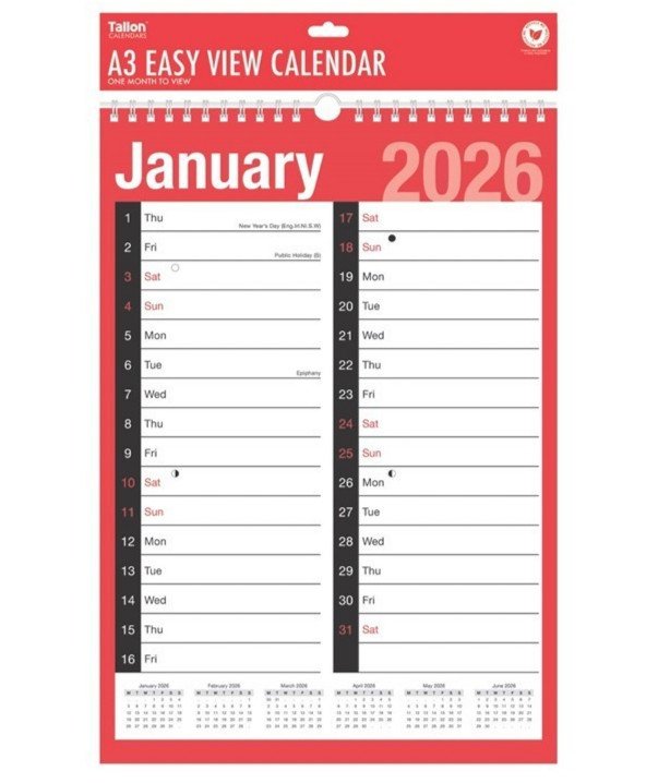 2026 Wall Calendar Slim Calendar A4 A3 Large Month to View, Easy View Planner UK