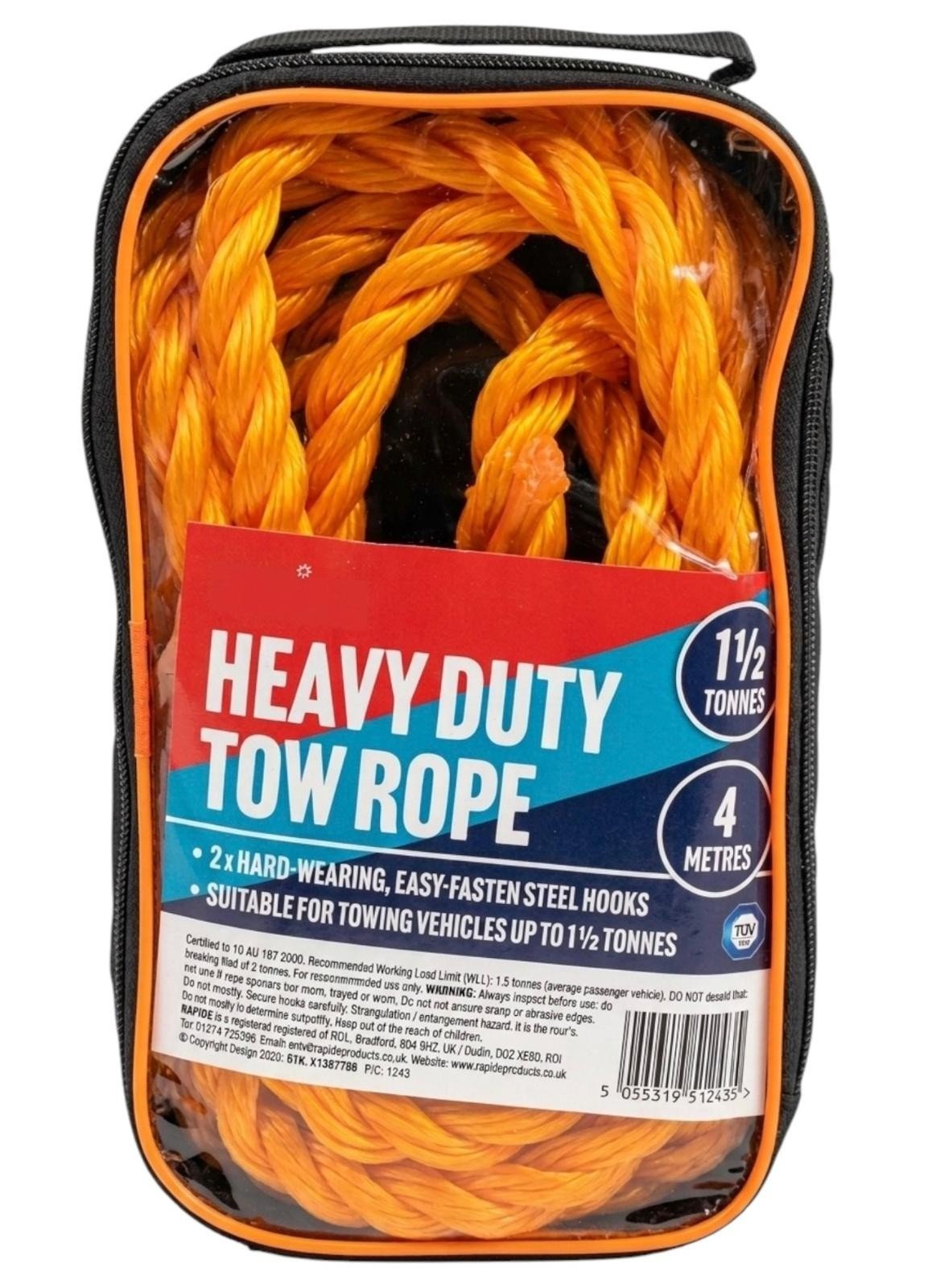 Tow Rope 1.5 Ton 4m 13Ft Towing Heavy Duty Yellow Vehicle Car Recovery Hooks UK