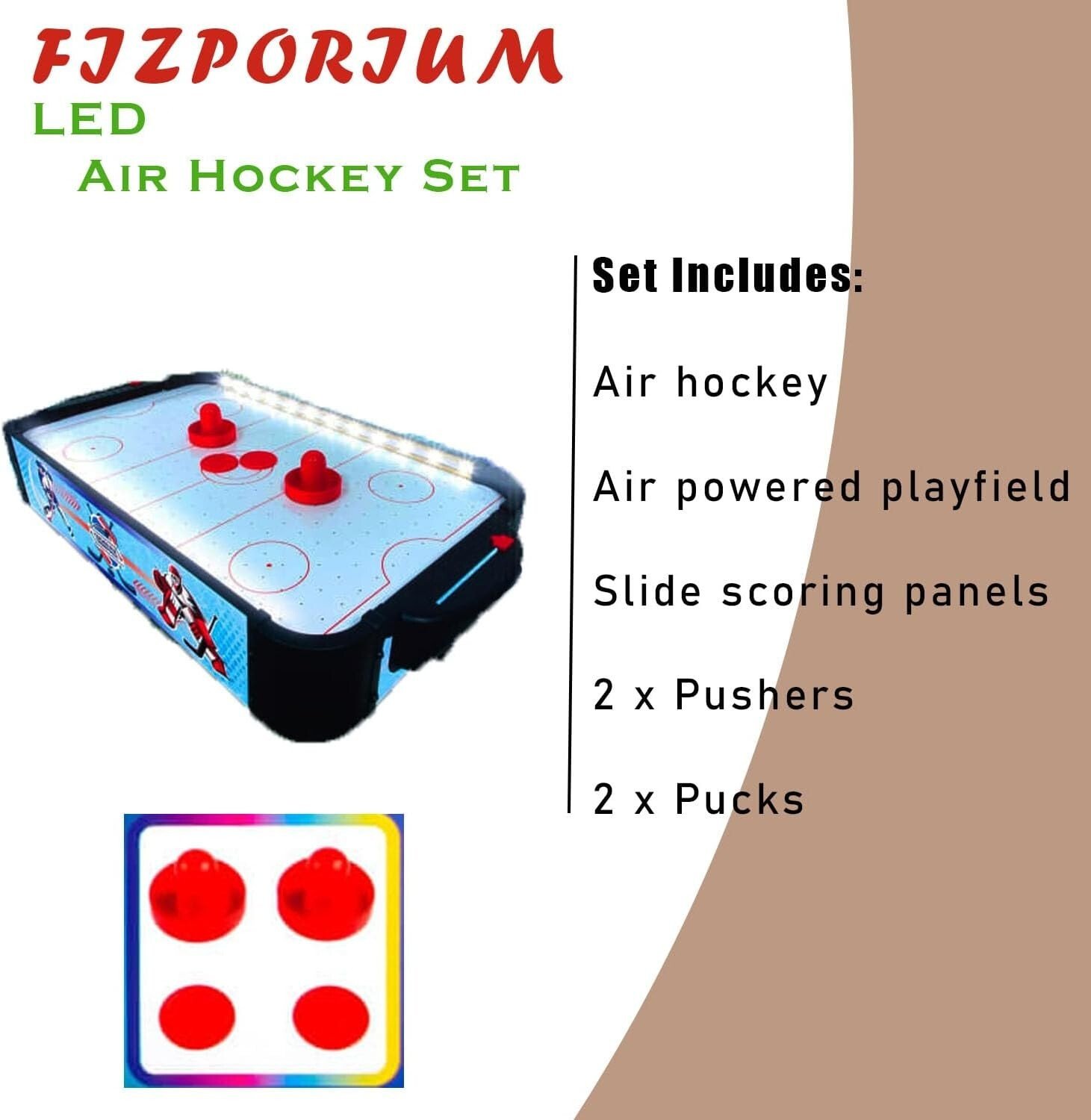 Air Hockey Tabletop Game Portable For Kids Adults LED Sides 2 Pucks 2 Pushers