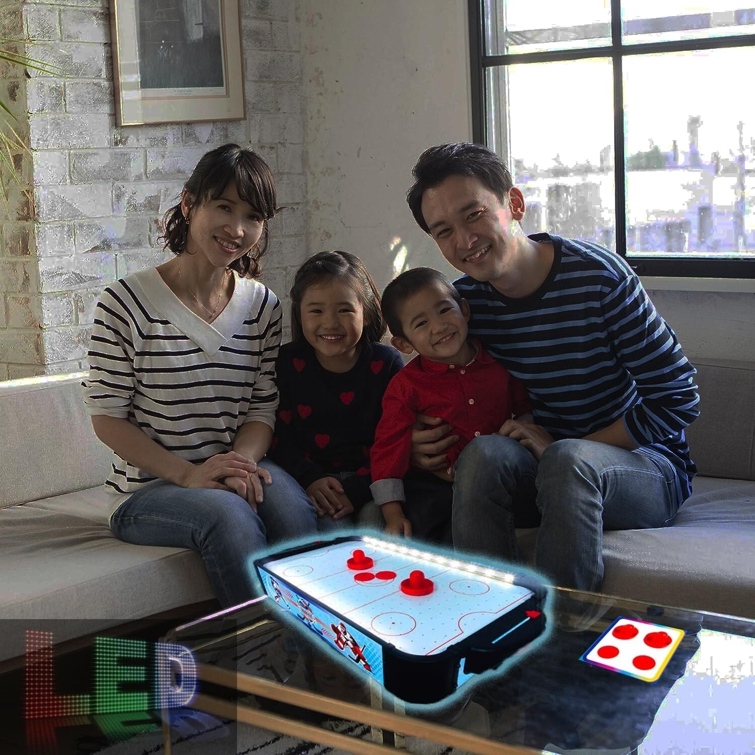 Air Hockey Tabletop Game Portable For Kids Adults LED Sides 2 Pucks 2 Pushers