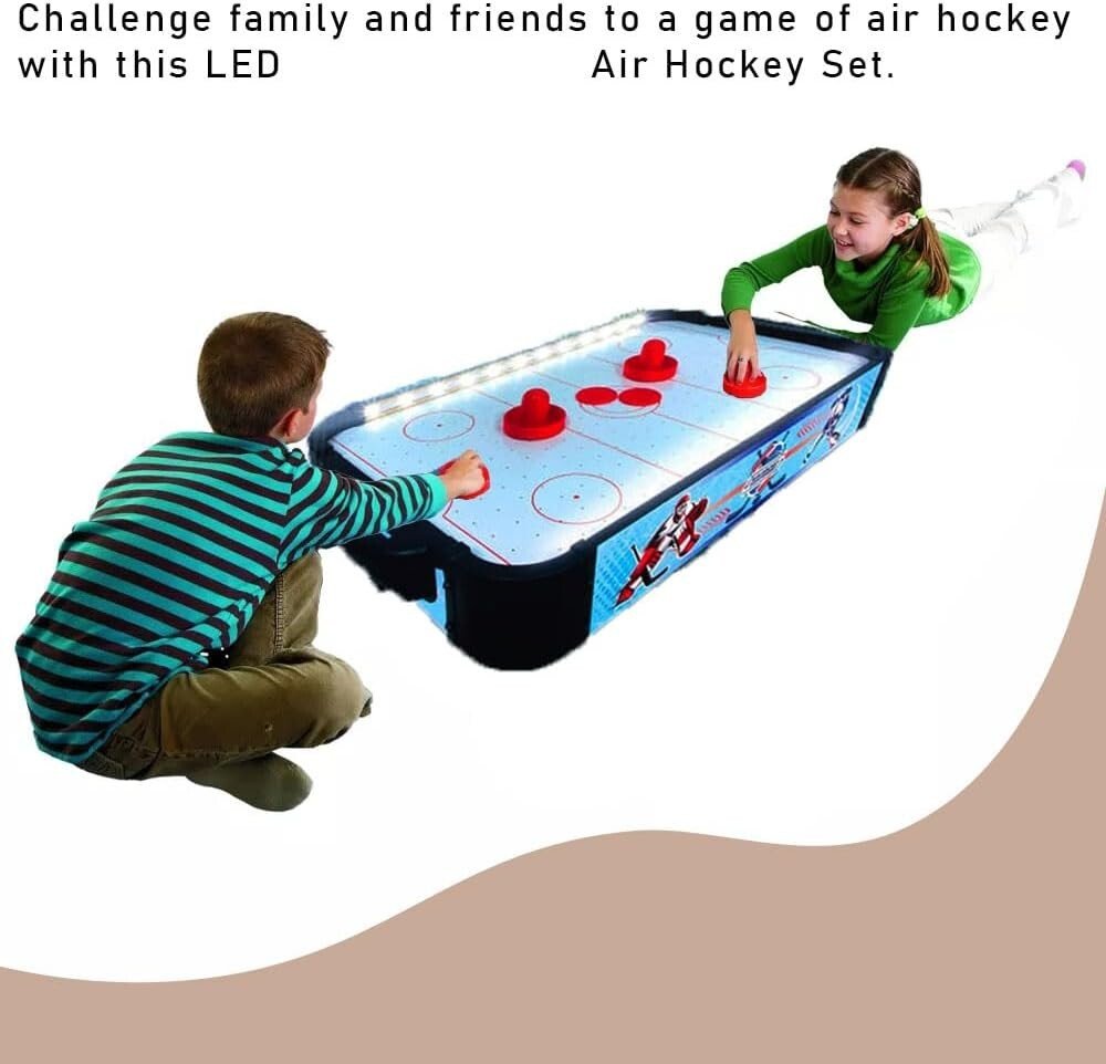 Air Hockey Tabletop Game Portable For Kids Adults LED Sides 2 Pucks 2 Pushers