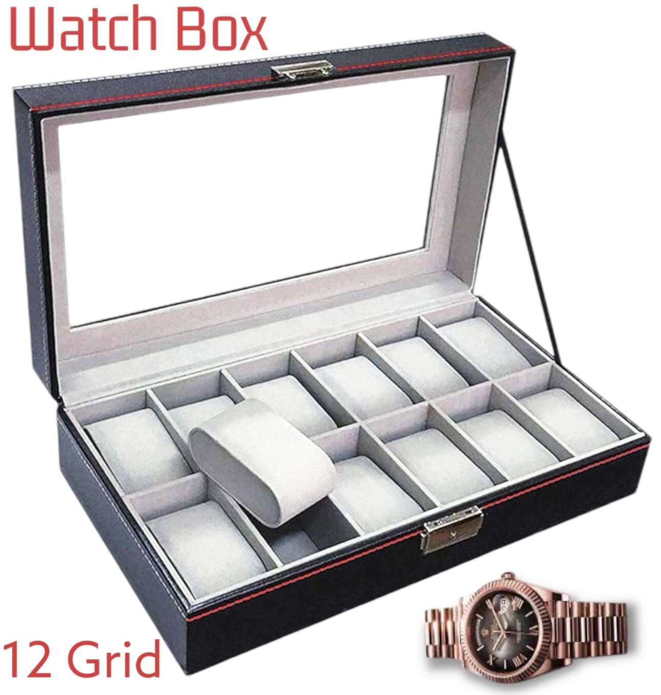 Mens 12 Grids PU Leather Watch Display Case Collection Storage Holder Gift Box