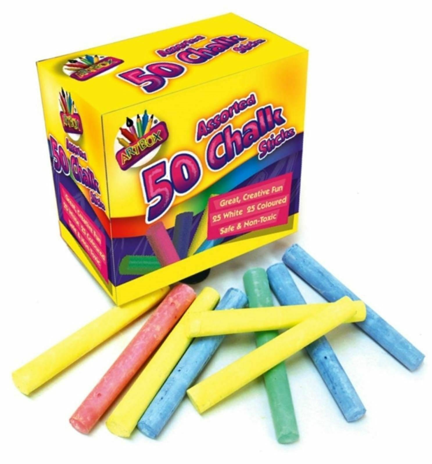 50 x COLOURED CHALK STICKS Blackboard Pavement Kids Children's Art Craft Colour
