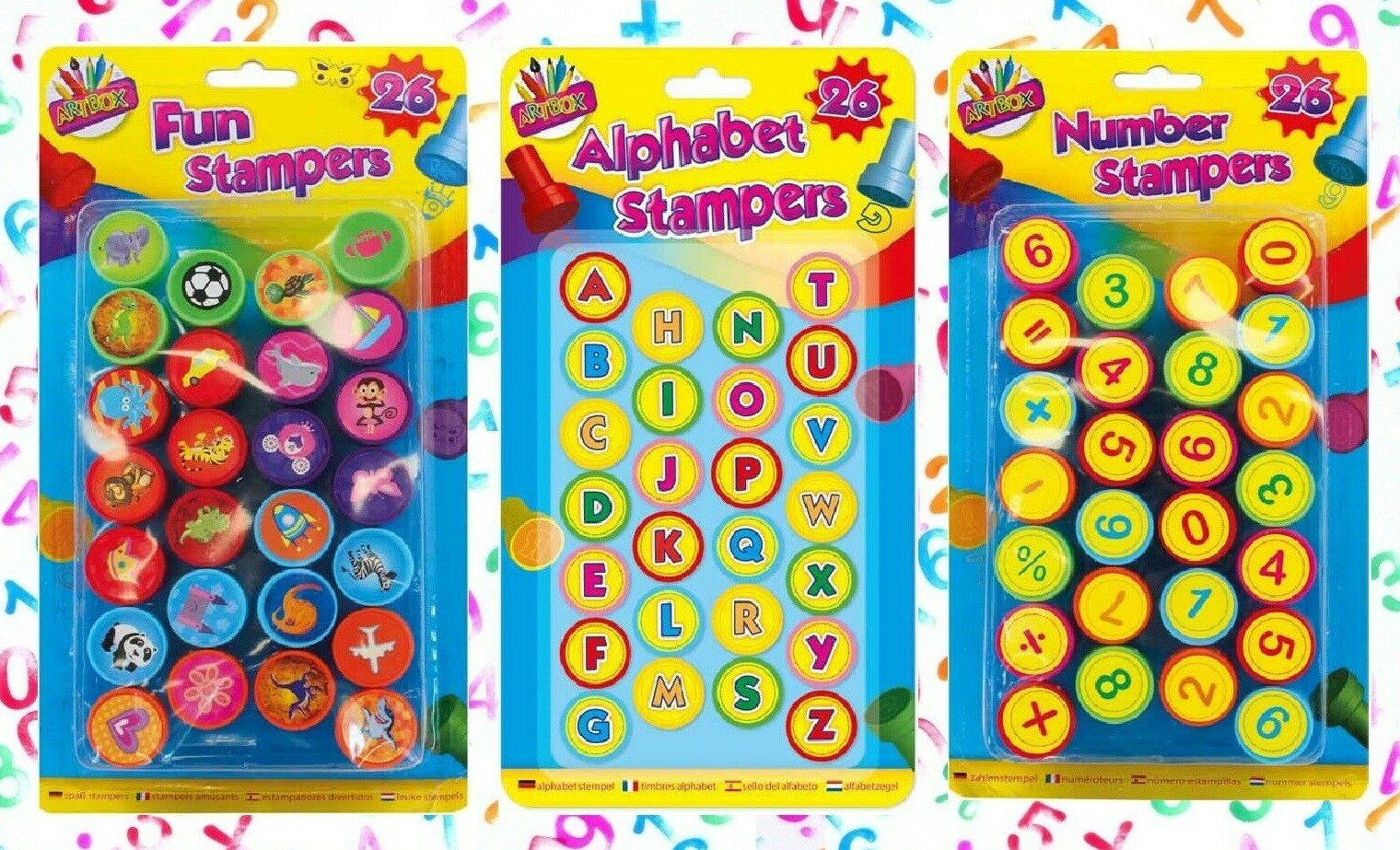 26x SELF INKING STAMPS Kids Art Craft Fun Stampers Cute Cartoon Toy Shape Letter