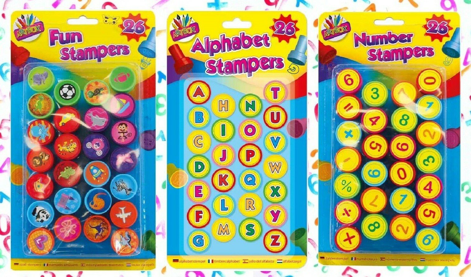 26x SELF INKING STAMPS Kids Art Craft Fun Stampers Cute Cartoon Toy Shape Letter