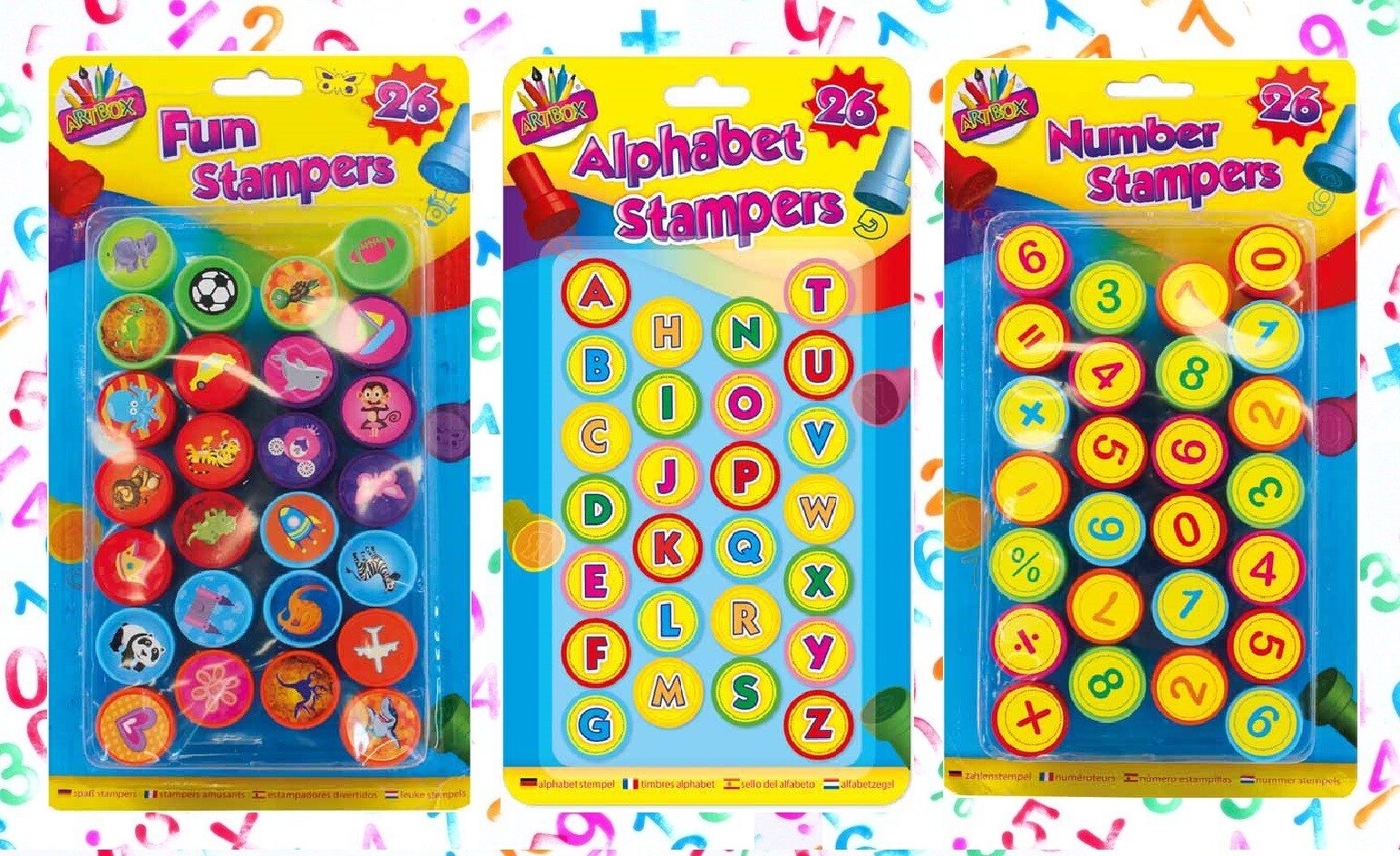 26x SELF INKING STAMPS Kids Art Craft Fun Stampers Cute Cartoon Toy Shape Letter