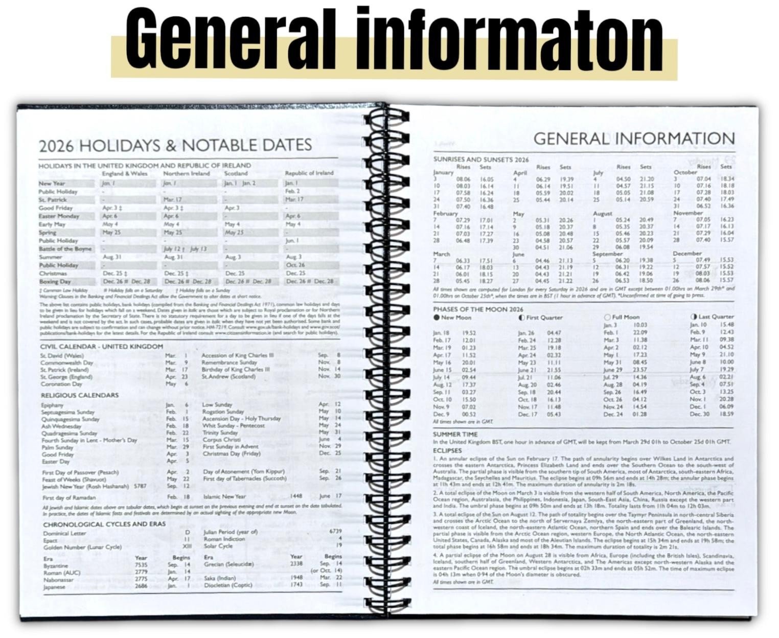 2026 Diary A5 Week to View Spiral Diary Full Year Organiser Calendar Planner
