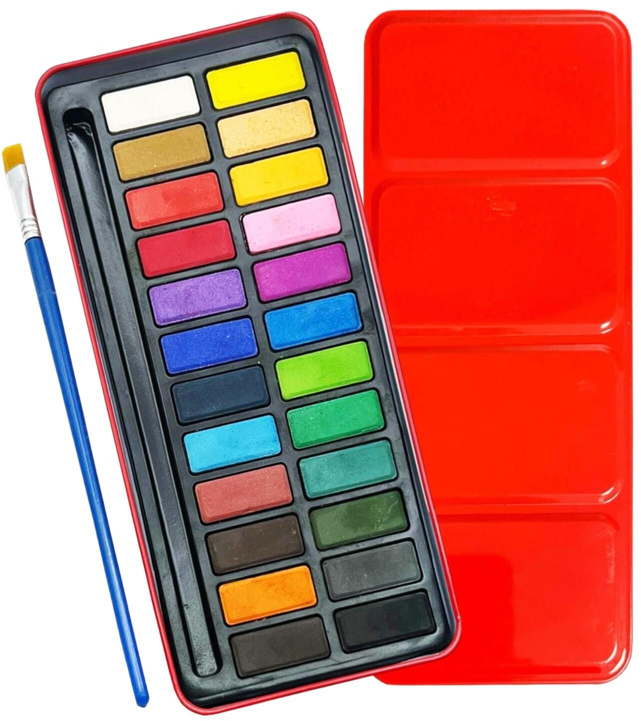 24 Artist Watercolour Art Paint Tin blocks of colour Brush With Mixing Tray Lid