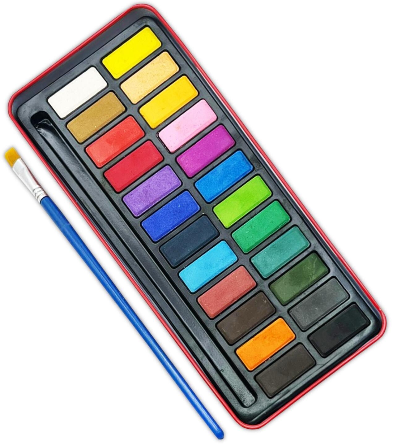 24 Artist Watercolour Art Paint Tin blocks of colour Brush With Mixing Tray Lid