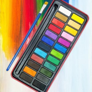 24 Artist Watercolour Art Paint Tin blocks of colour Brush With Mixing Tray Lid