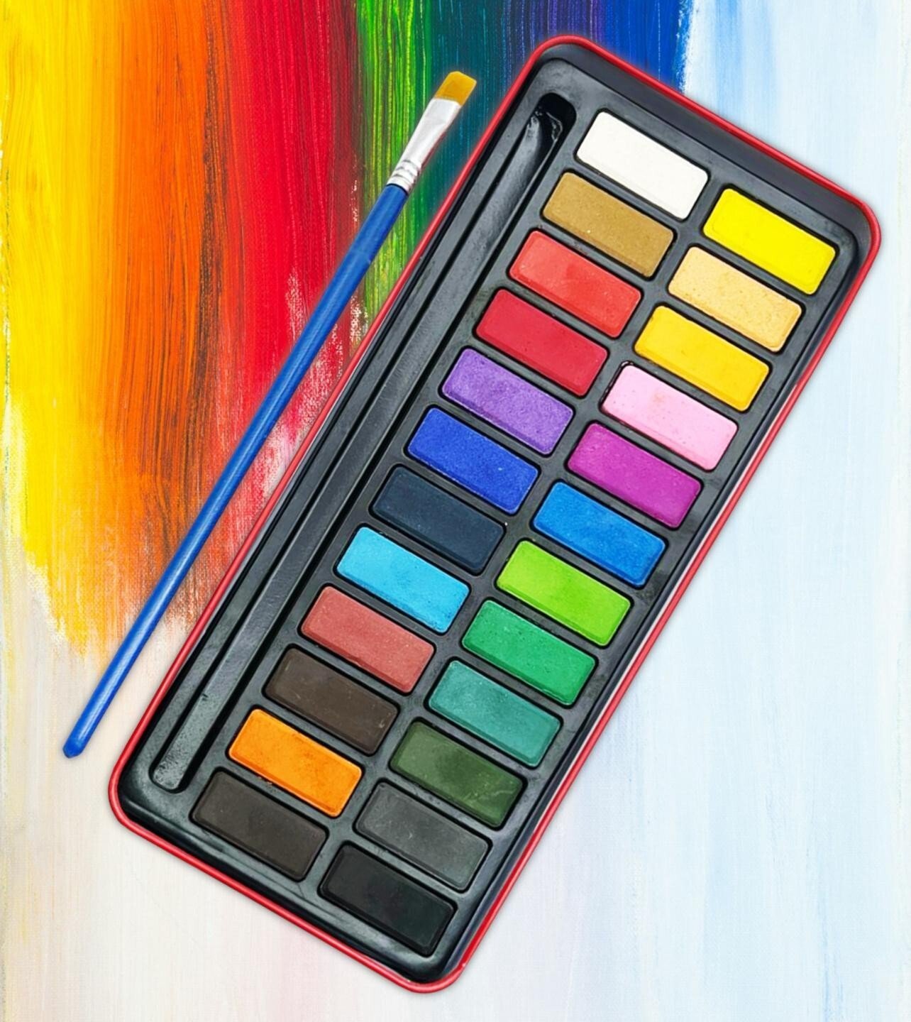 24 Artist Watercolour Art Paint Tin blocks of colour Brush With Mixing Tray Lid