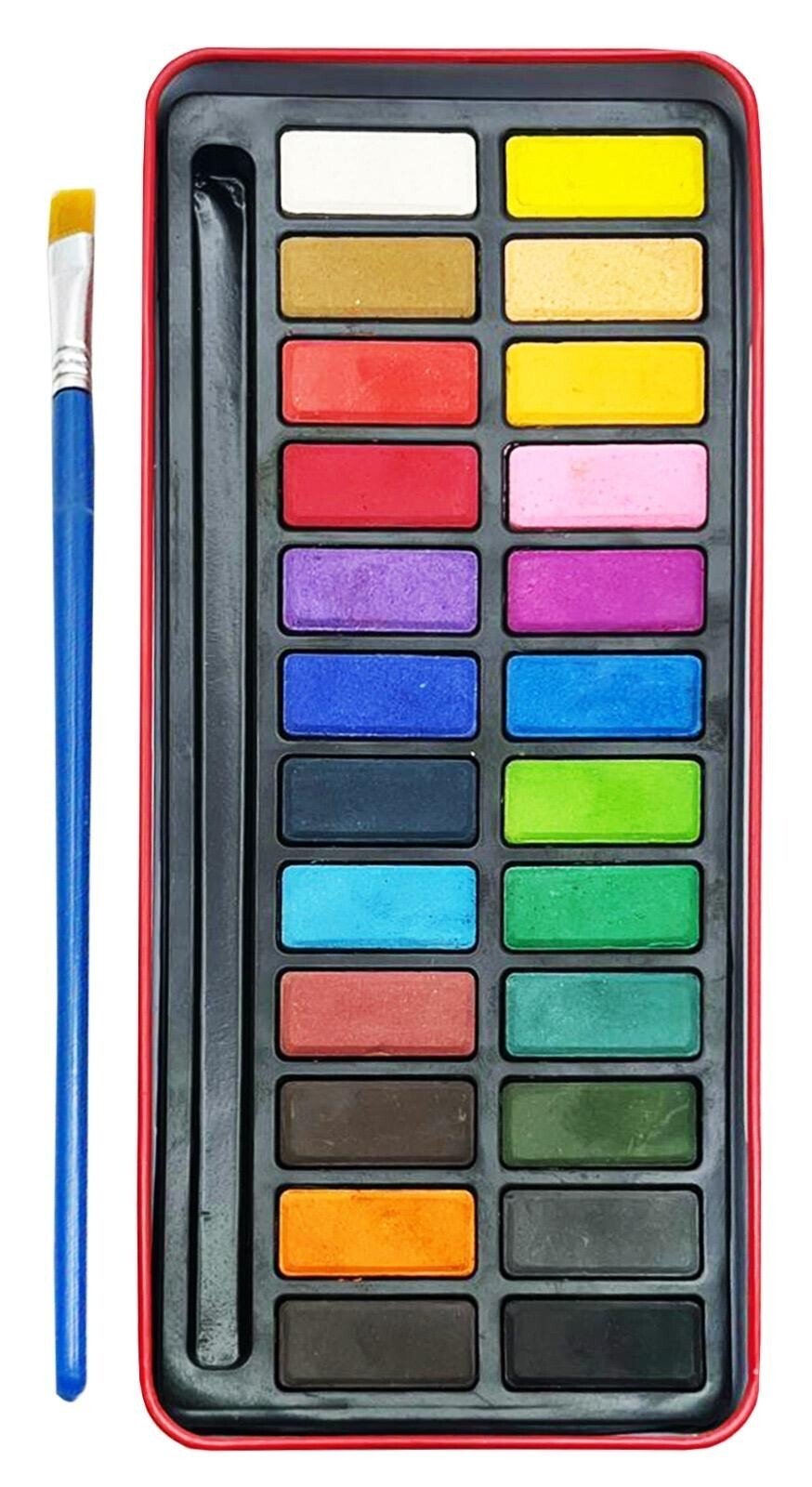 24 Artist Watercolour Art Paint Tin blocks of colour Brush With Mixing Tray Lid