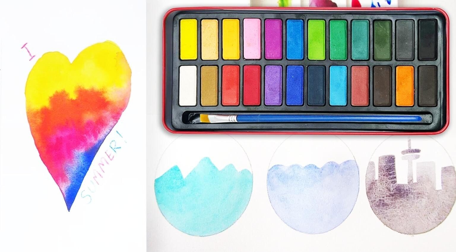24 Artist Watercolour Art Paint Tin blocks of colour Brush With Mixing Tray Lid
