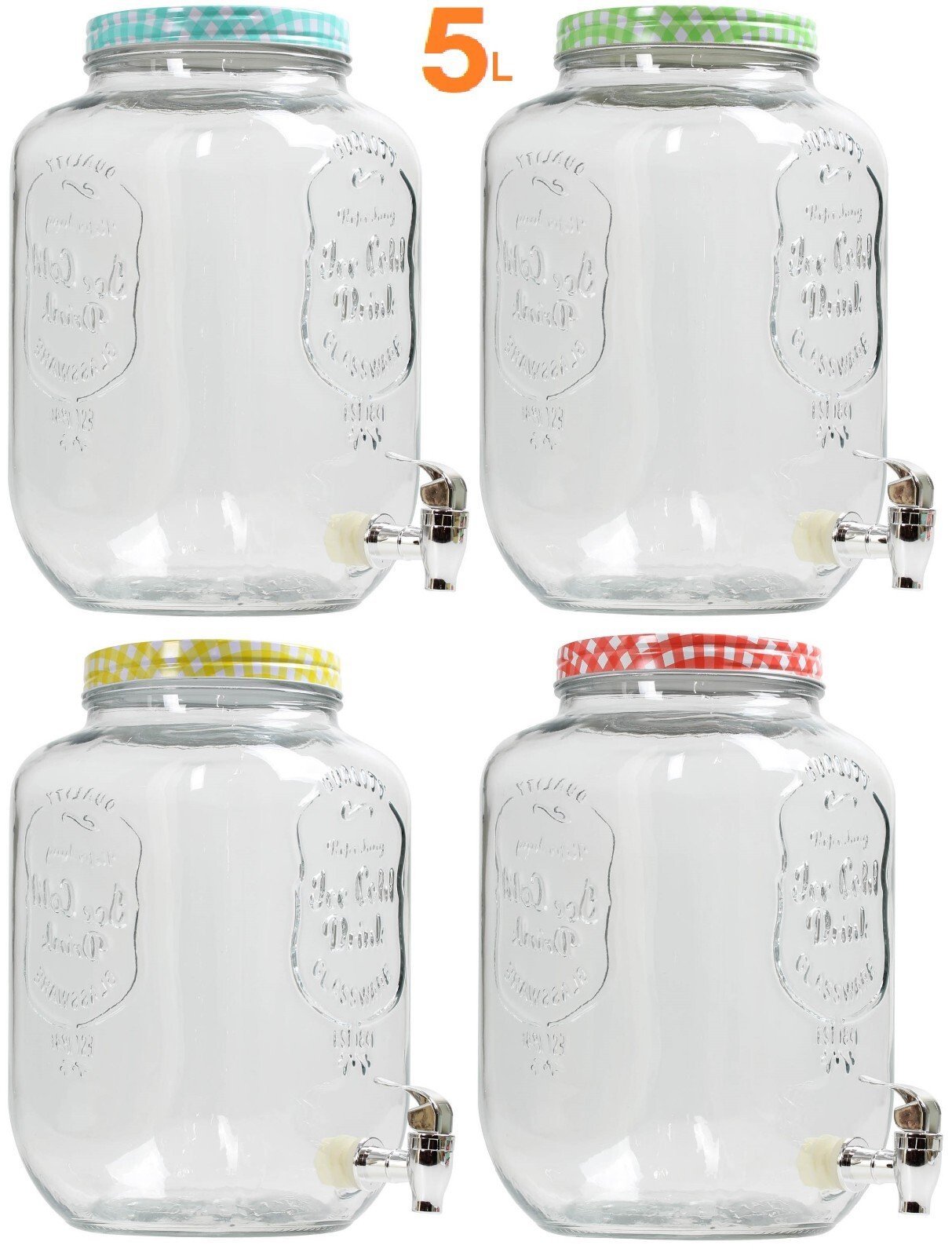 5L CLEAR GLASS DRINKS DISPENSER WITH TAP JUICE WATER MILK COCKTAIL JUG ASSORTED