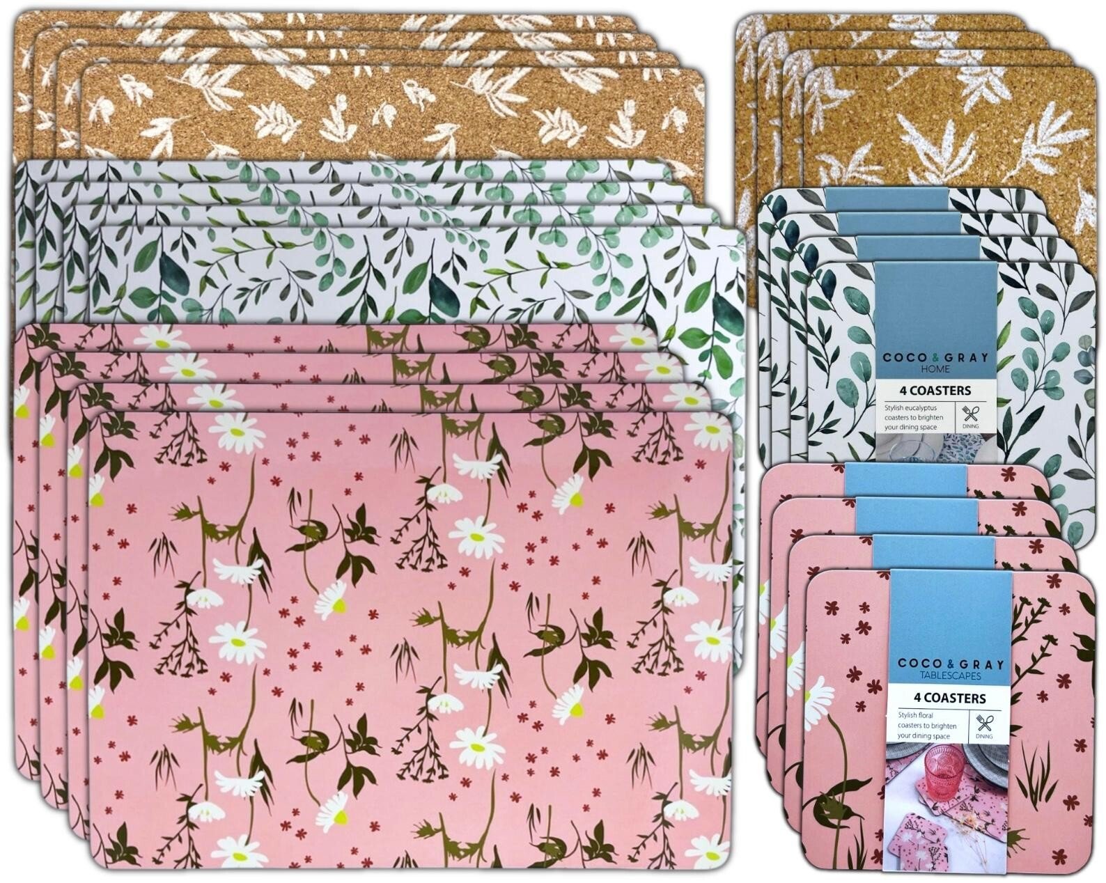 Set of 4 Placemats & Coasters Cork Table Place Settings Mats Eucalyptus Print UK