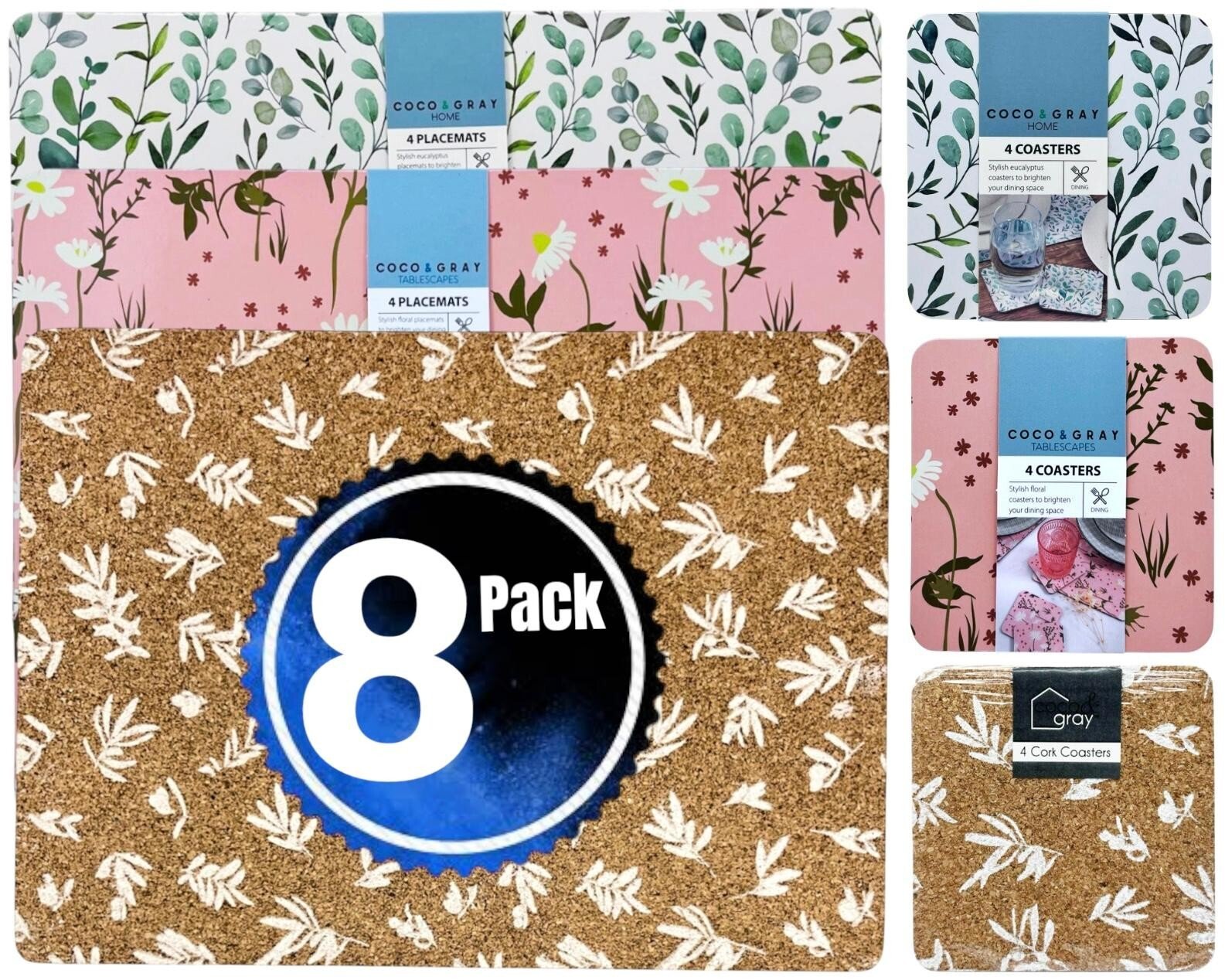 Set of 4 Placemats & Coasters Cork Table Place Settings Mats Eucalyptus Print UK