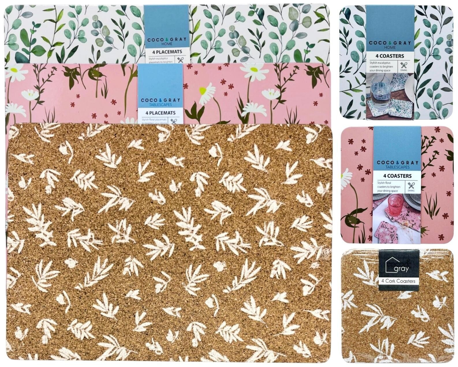 Set of 4 Placemats & Coasters Cork Table Place Settings Mats Eucalyptus Print UK