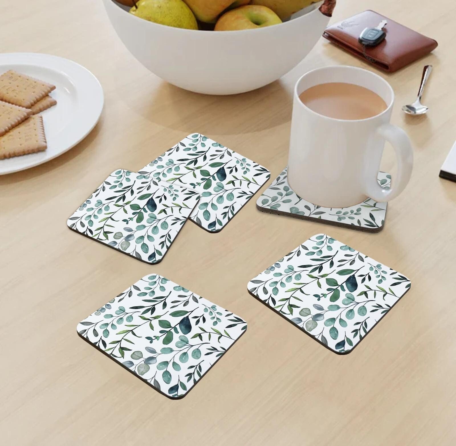 Set of 4 Placemats & Coasters Cork Table Place Settings Mats Eucalyptus Print UK