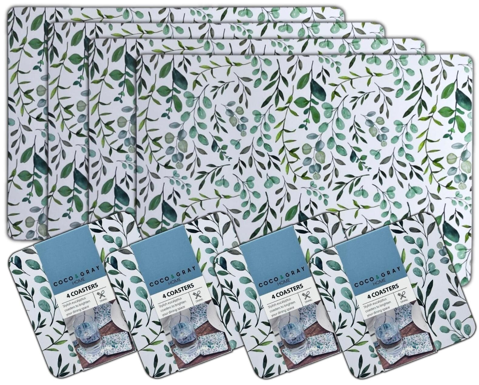 Set of 4 Placemats & Coasters Cork Table Place Settings Mats Eucalyptus Print UK