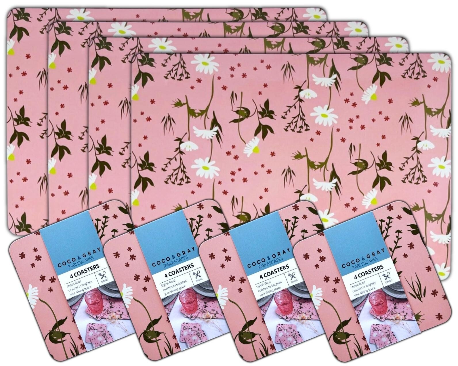 Set of 4 Placemats & Coasters Cork Table Place Settings Mats Eucalyptus Print UK
