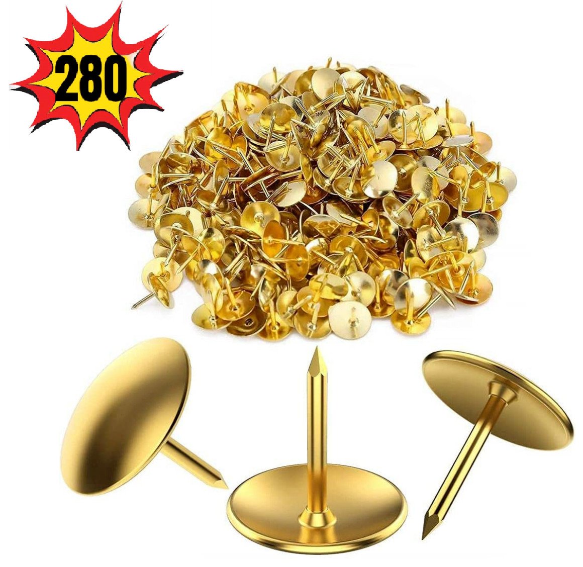 280 Brass Drawing Pins - Strong Head Push Cork Board Thumb Tacks Boxed