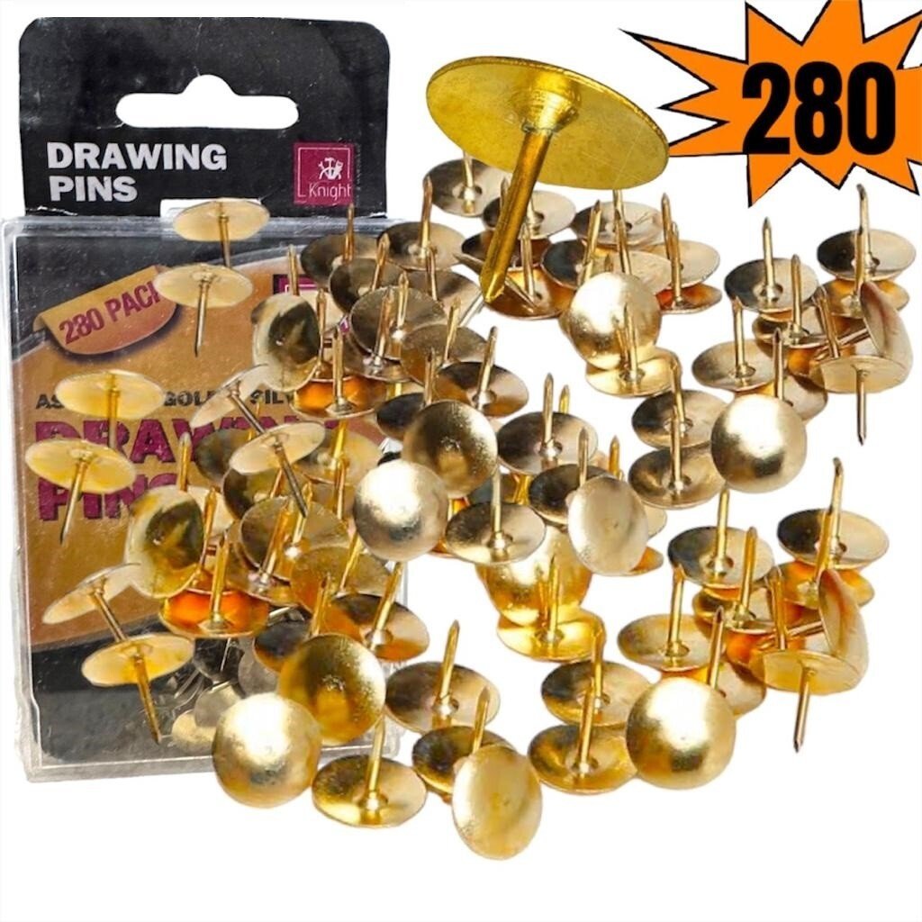 280 Brass Drawing Pins - Strong Head Push Cork Board Thumb Tacks Boxed