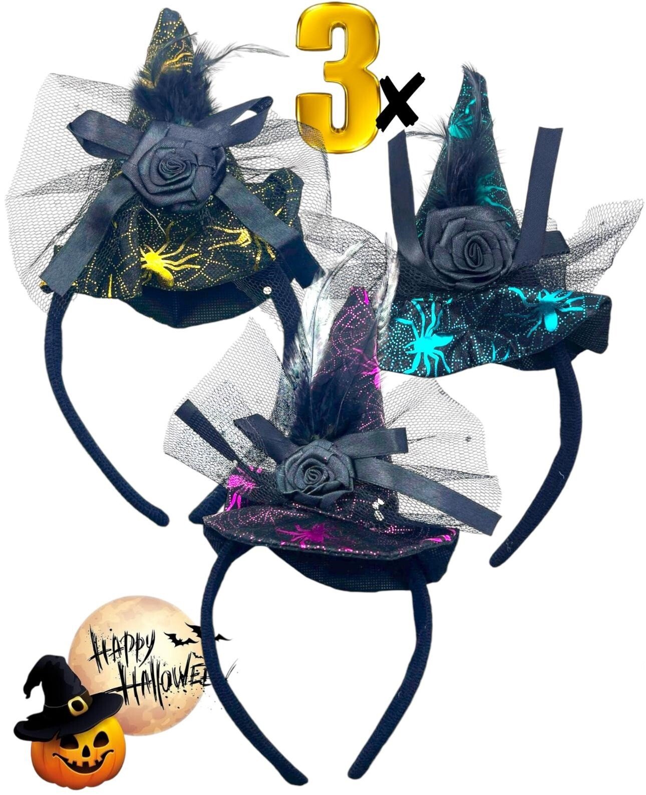 3 x Adult Witches Hat Black Witch Hat with Veil Halloween Fancy Dress Accessory