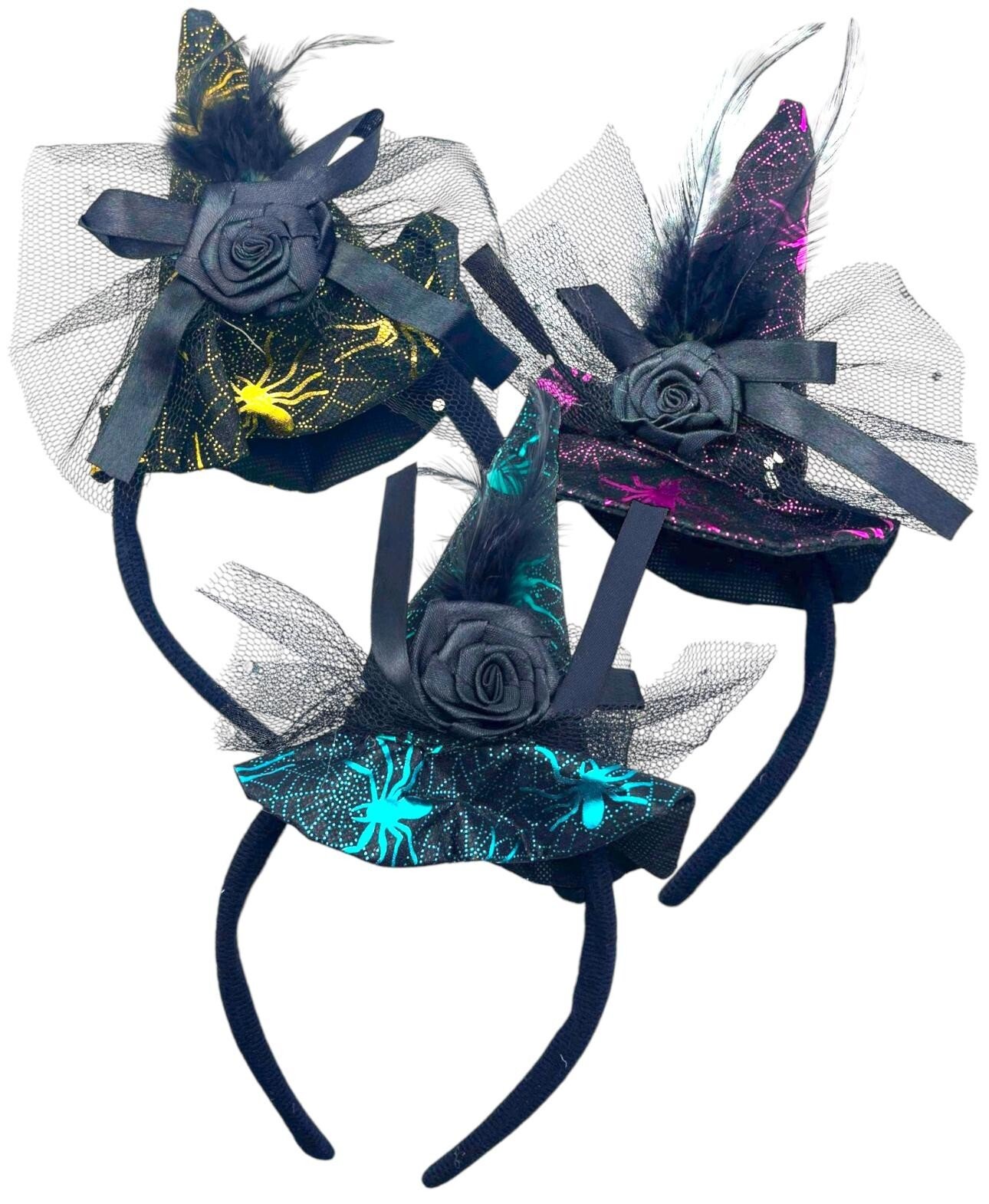 3 x Adult Witches Hat Black Witch Hat with Veil Halloween Fancy Dress Accessory