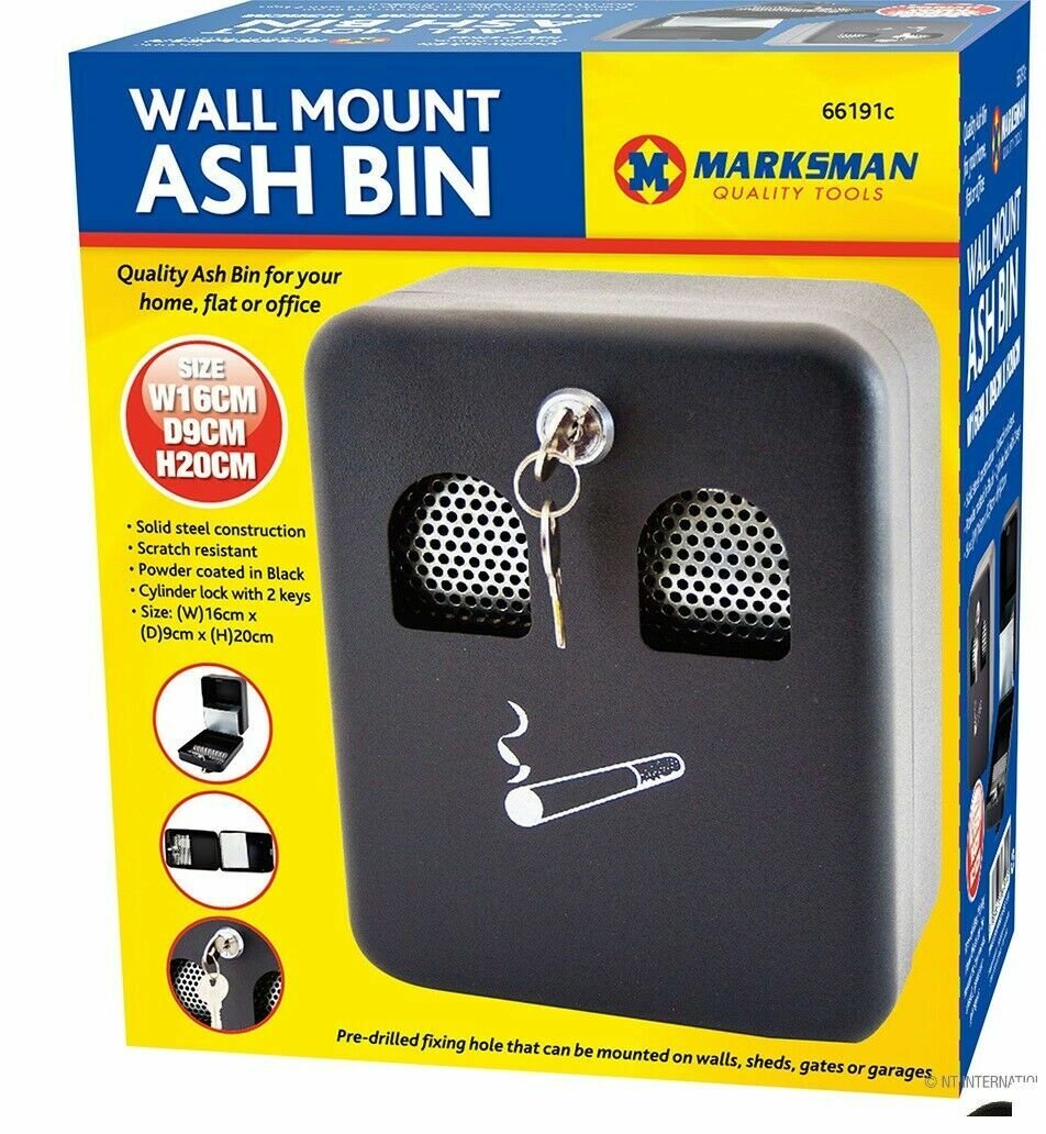 WALL MOUNTED METAL LOCKABLE OUTDOOR CIGARETTE ASHTRAY ASH BIN WITH LOCK OUTDOOR