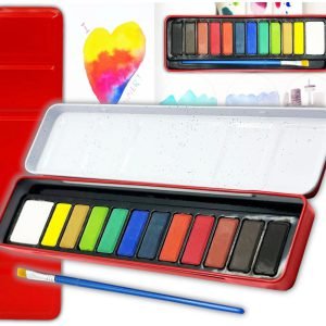 12 Artist Watercolour Art Paint Tin blocks of colour Brush With Mixing Tray Lid