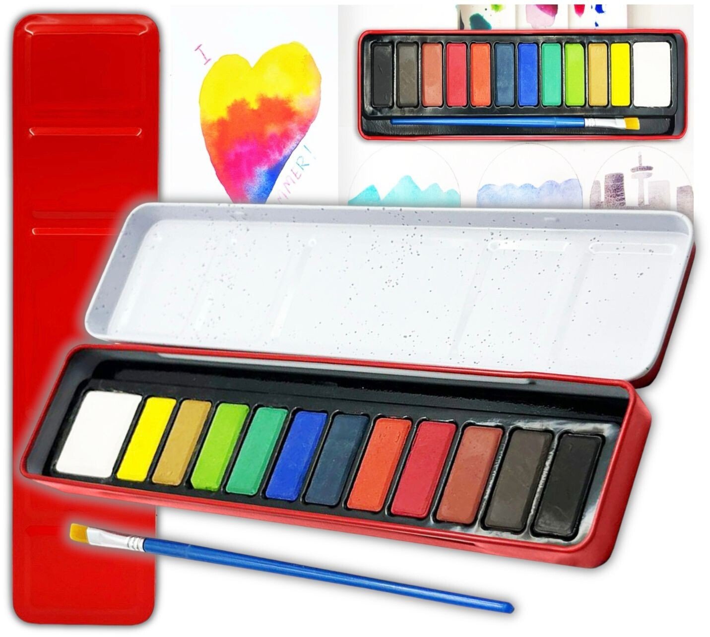 12 Artist Watercolour Art Paint Tin blocks of colour Brush With Mixing Tray Lid