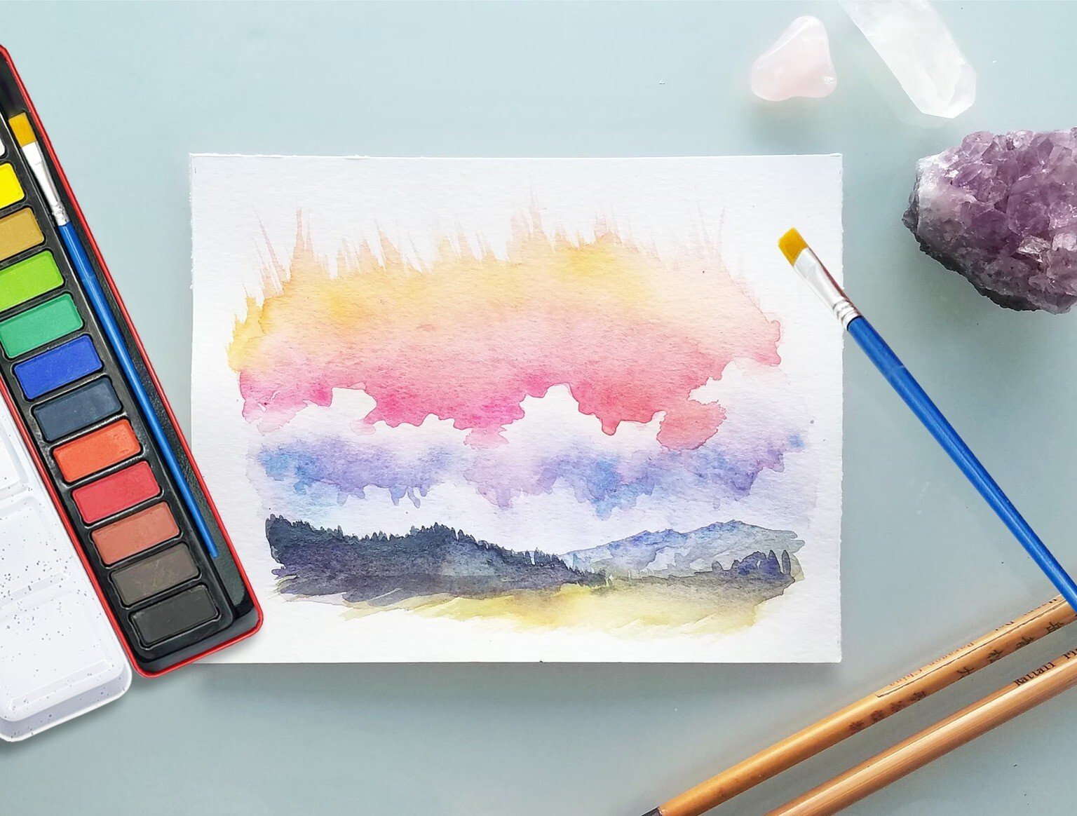 12 Artist Watercolour Art Paint Tin blocks of colour Brush With Mixing Tray Lid
