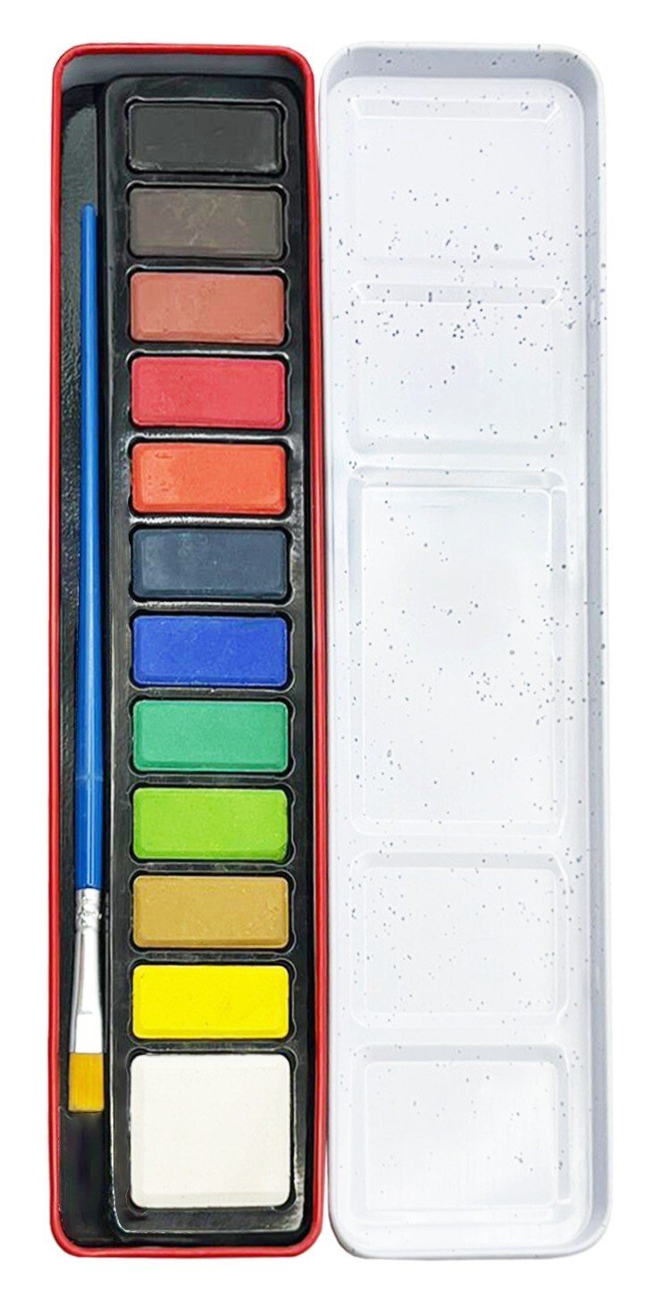 12 Artist Watercolour Art Paint Tin blocks of colour Brush With Mixing Tray Lid
