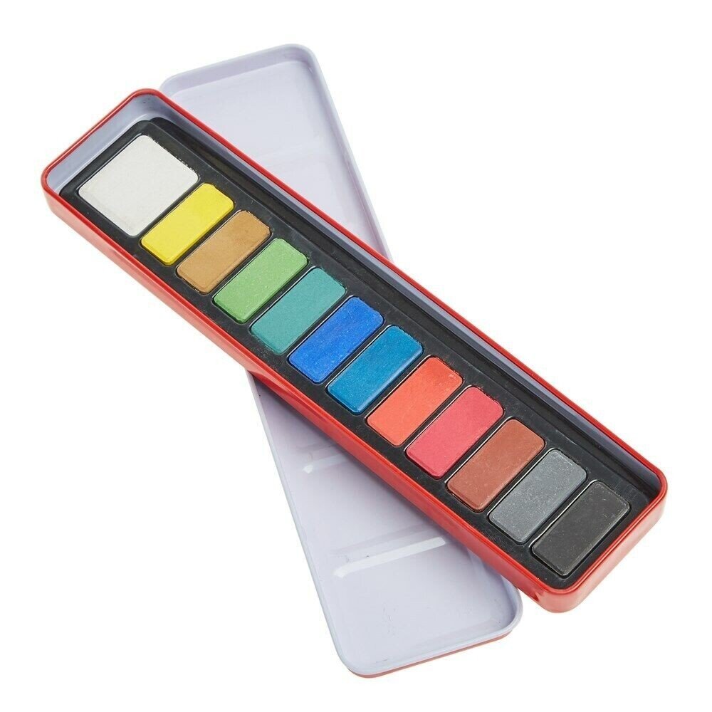 12 Artist Watercolour Art Paint Tin blocks of colour Brush With Mixing Tray Lid