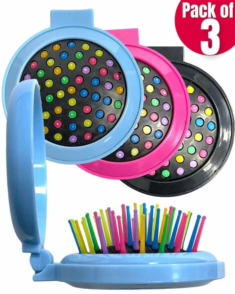 3Pc Portable Travel Folding Hair Brush With Mirror Pocket Size Comb Handbag Size