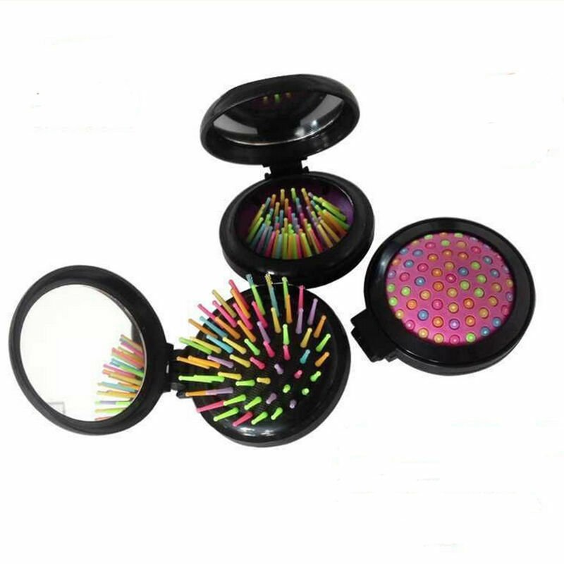 3Pc Portable Travel Folding Hair Brush With Mirror Pocket Size Comb Handbag Size