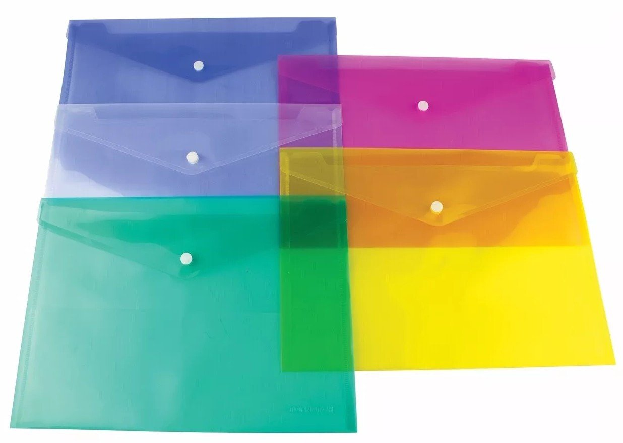 5pck Plastic A5 wallets Stud Document Wallet Files Folders Filing School Office