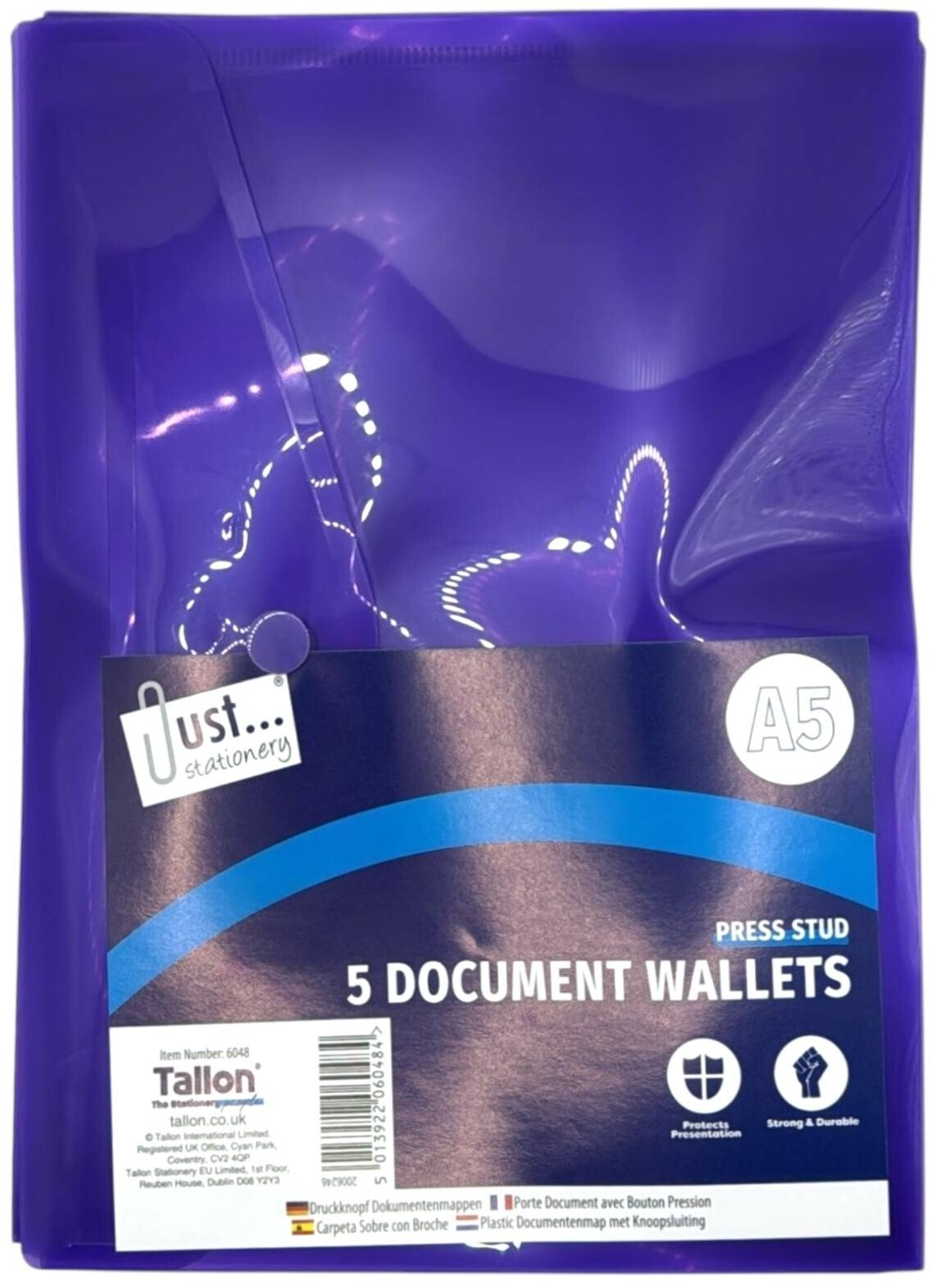 5pck Plastic A5 wallets Stud Document Wallet Files Folders Filing School Office