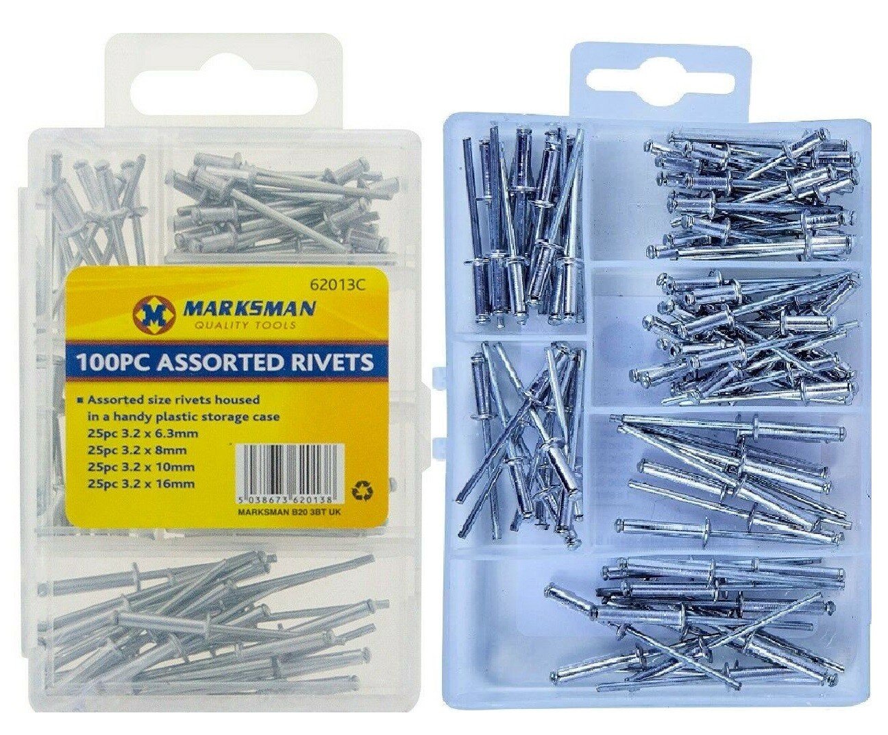 100PC BLIND RIVETS SET ASSORTED HAND RIVET POP ALUMINIUM HEAD STEEL SHANK 6 SIZE
