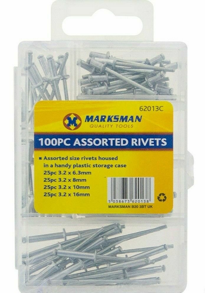 100PC BLIND RIVETS SET ASSORTED HAND RIVET POP ALUMINIUM HEAD STEEL SHANK 6 SIZE