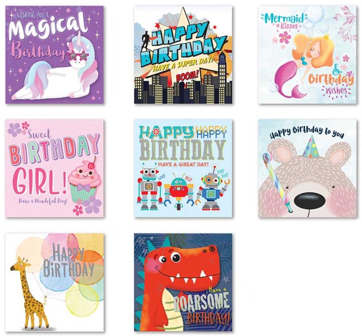 Pack of 8 Mixed Assorted Happy Birthday Kids Cards Greeting Card Boys & Girls