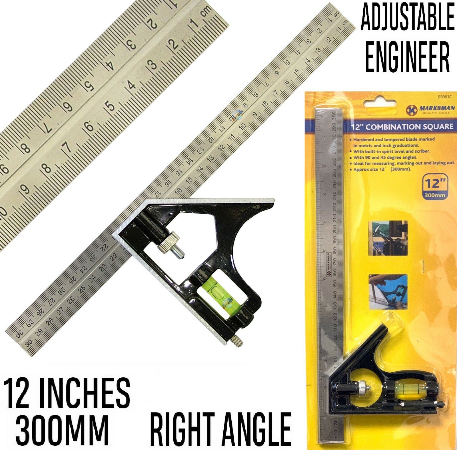 300mm (12") Adjustable Engineers Combination Try Square Set Right Angle Ruler