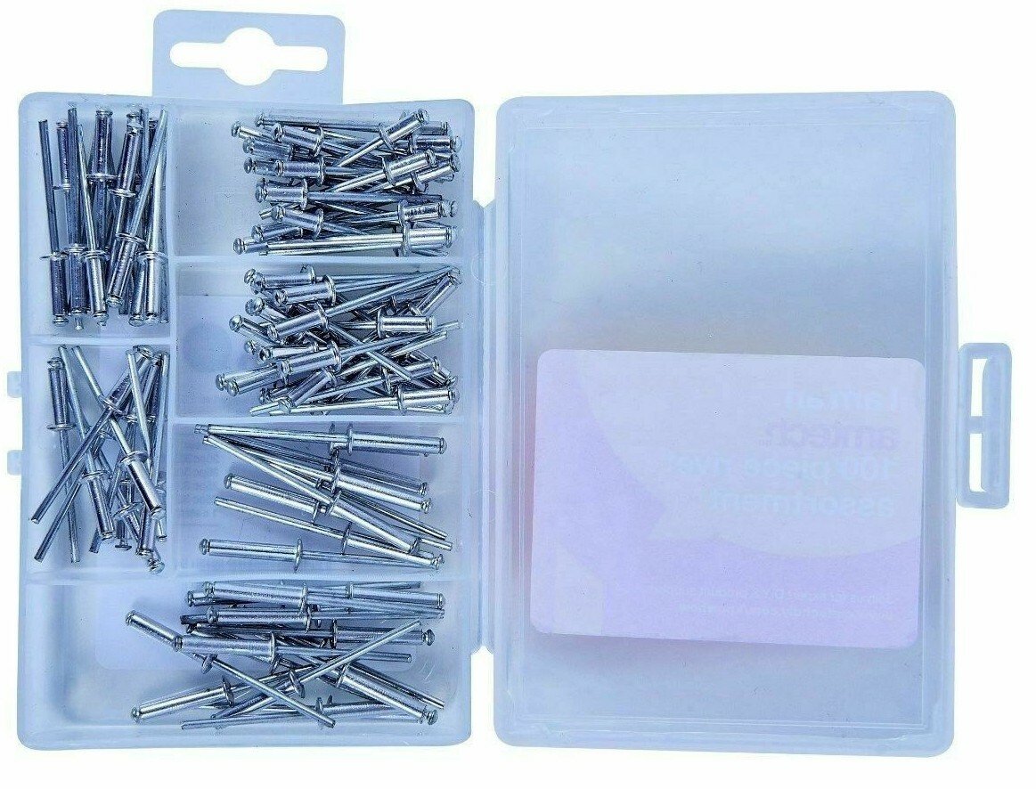 100pc Assorted Sized Rivets Hand Air Pop Blind Blind Head Steel Shank Aluminium